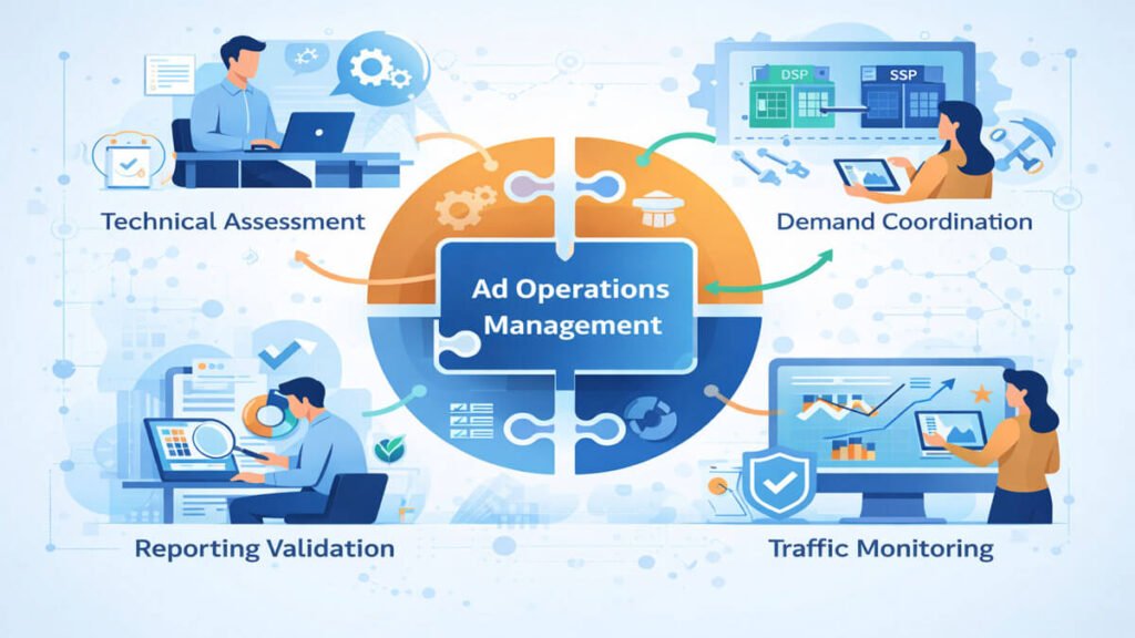 Ad Operations Management illustration showing technical assessment, demand coordination, reporting validation, and traffic monitoring in programmatic advertising.