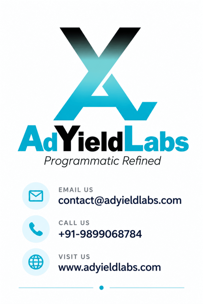 AdYield Labs logo and contact information for a programmatic advertising company, featuring email contact, phone number and website details