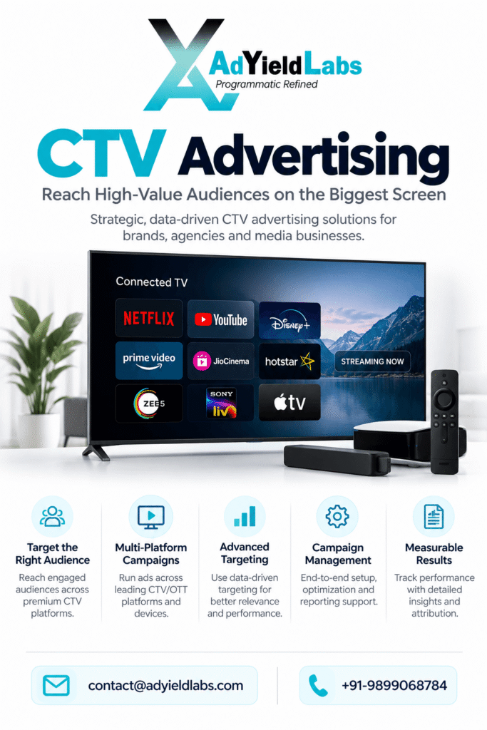 AdYield Labs CTV advertising solutions for brands and advertisers, featuring connected TV campaigns, audience targeting, multi-platform CTV advertising, campaign management and performance optimization