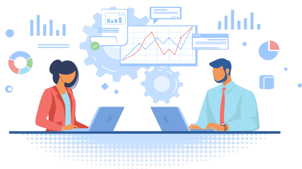 Illustration of professionals reviewing data and performance metrics on a digital system