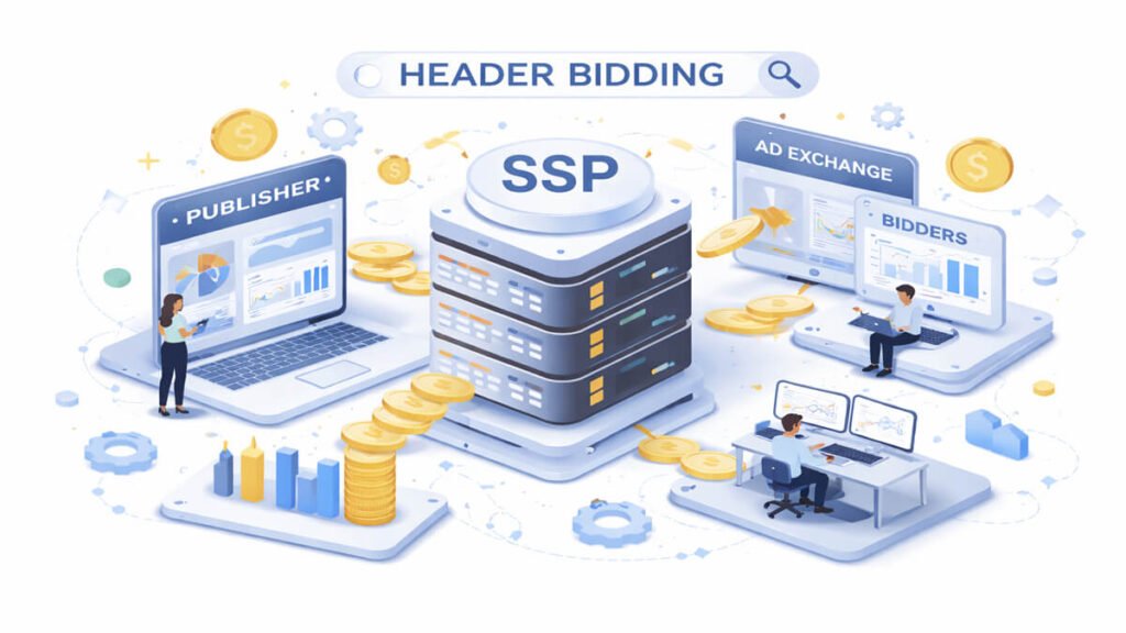 Header bidding process with SSP, ad exchange, and bidders in programmatic advertising ecosystem