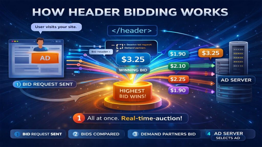 How Header Bidding Works diagram showing bid request, multiple demand partners bidding, and ad server selecting the highest bid in real-time auction