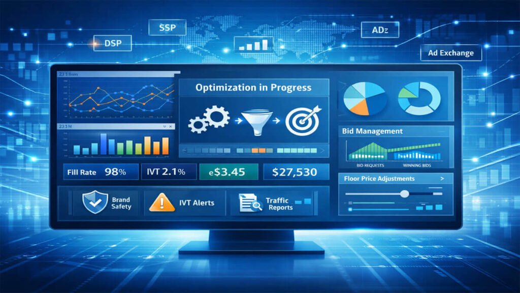 Programmatic ad operations dashboard visualization showing fill rate, IVT monitoring, bid management, floor price optimization, and brand safety controls.