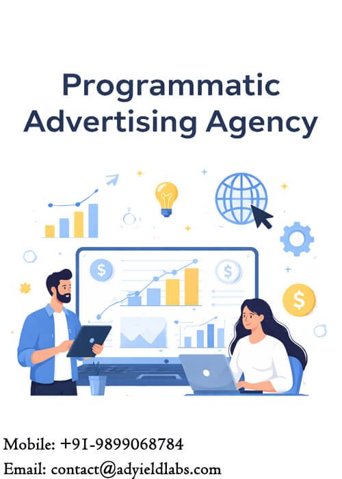 Programmatic advertising agency team analyzing campaign performance and data dashboards