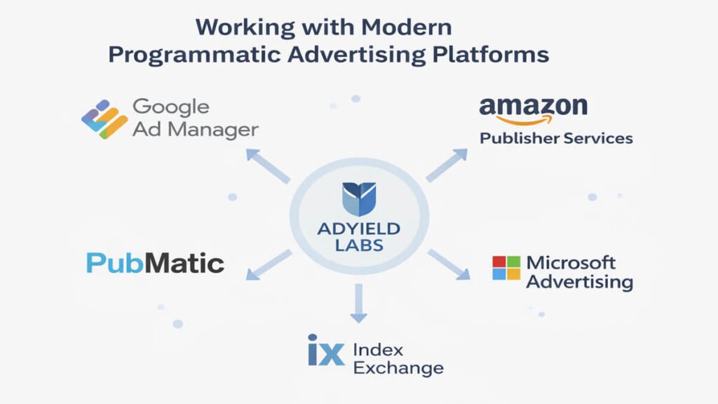 Programmatic advertising platforms diagram showing Google Ad Manager, Amazon Publisher Services, Microsoft Advertising, PubMatic, and Index Exchange connected to AdYield Labs