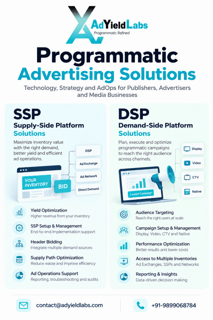 AdYield Labs programmatic advertising solutions with SSP and DSP services, including yield optimization, header bidding, supply path optimization, audience targeting and campaign management
