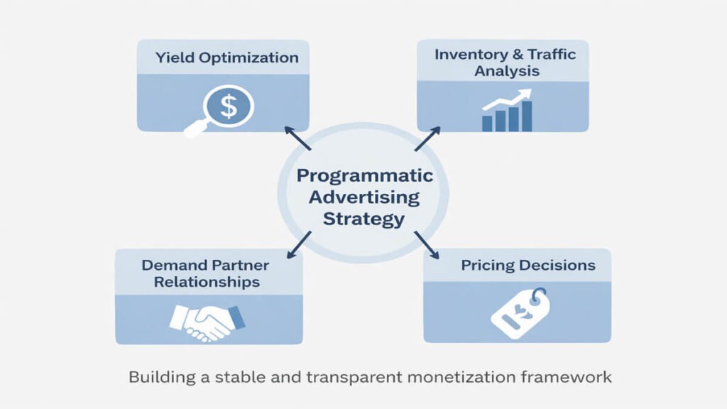 Programmatic advertising strategy diagram showing yield optimization, inventory and traffic analysis, demand partner relationships, and pricing decisions