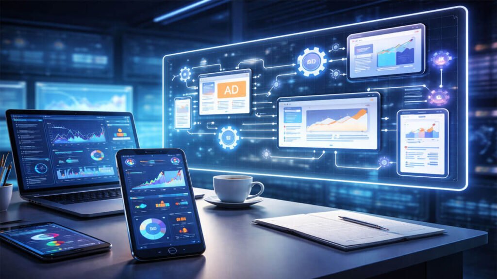 Mobile app dashboard showing programmatic setup for mobile apps with in-app bidding, mediation stack optimization and ad revenue analytics