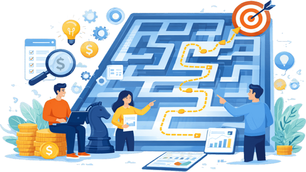 Illustration of a team planning a path through a maze toward a target, representing programmatic strategy development and data-driven decision making in programmatic consulting for publishers