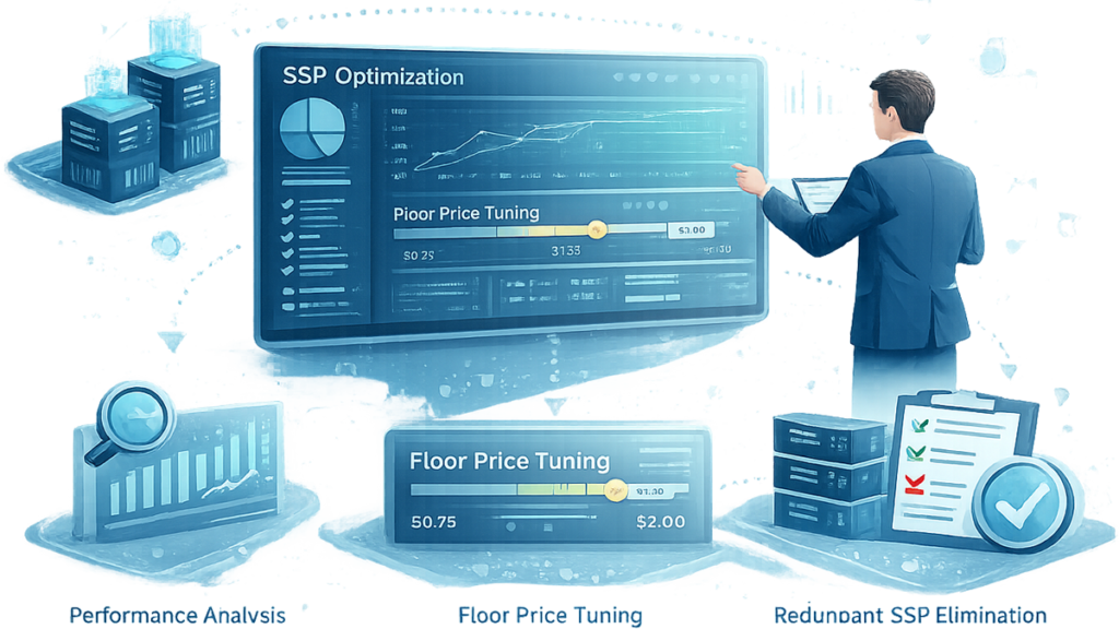SSP Optimization Services for Publishers showing analysis of SSP performance, floor price control, and demand quality improvement