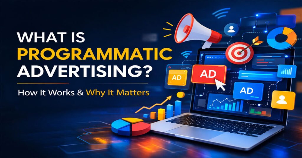 What is programmatic advertising illustration showing automated digital ad buying, targeting, and analytics on a laptop