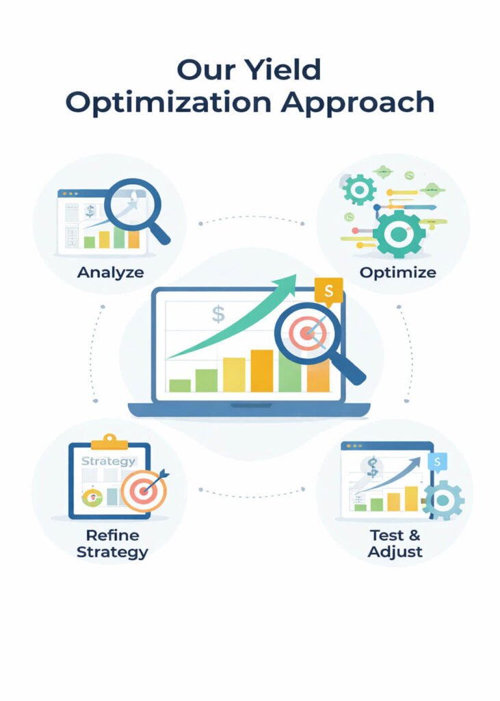 Programmatic yield optimization process showing analyze, optimize, test and refine steps for ad revenue optimization
