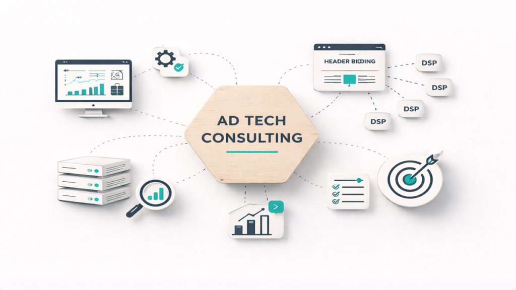 Ad tech consulting concept showing programmatic infrastructure, header bidding, and data optimization elements on a clean white background