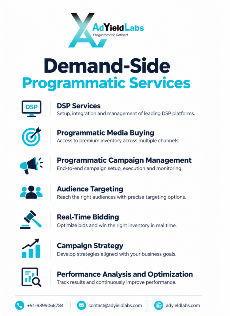 AdYield Labs demand-side services, including DSP services, programmatic media buying, campaign management, audience targeting, real-time bidding, campaign strategy and performance optimization new.