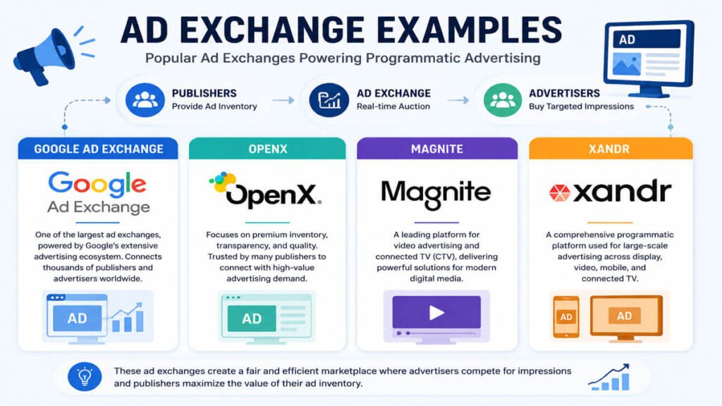 image showing digital ad exchange examples liek google, opnx, magnite and xandr