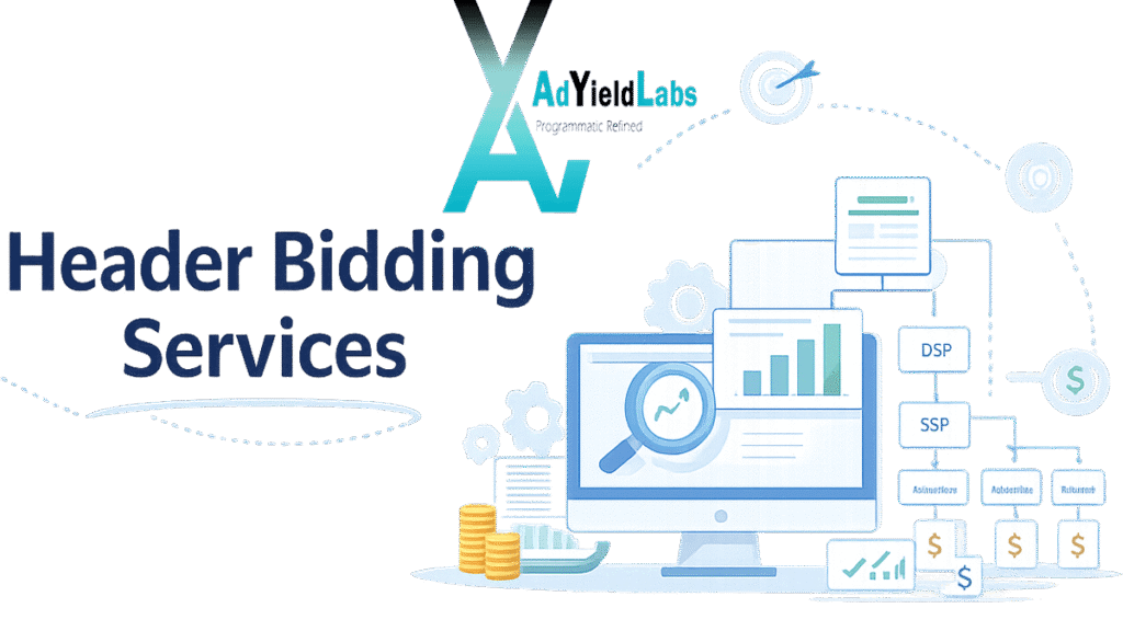 Illustration representing header bidding services for publishers, showing auction performance, demand partners, and revenue optimization in a clean programmatic advertising setup.