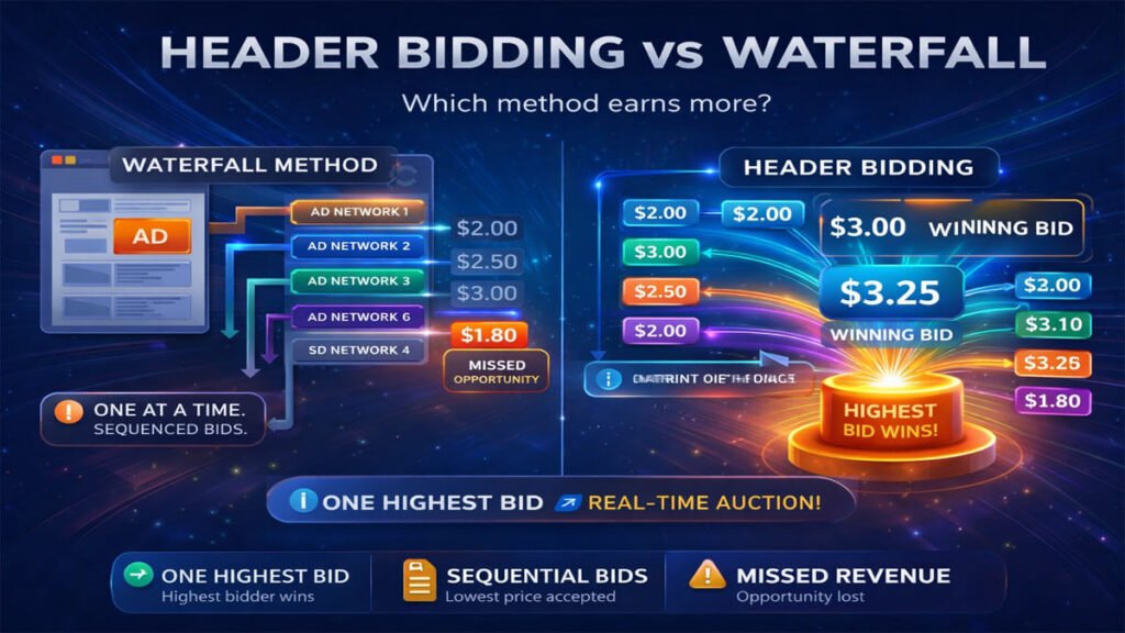 Header Bidding vs Waterfall comparison infographic showing sequential waterfall bidding versus real-time header bidding auction with highest bid winning