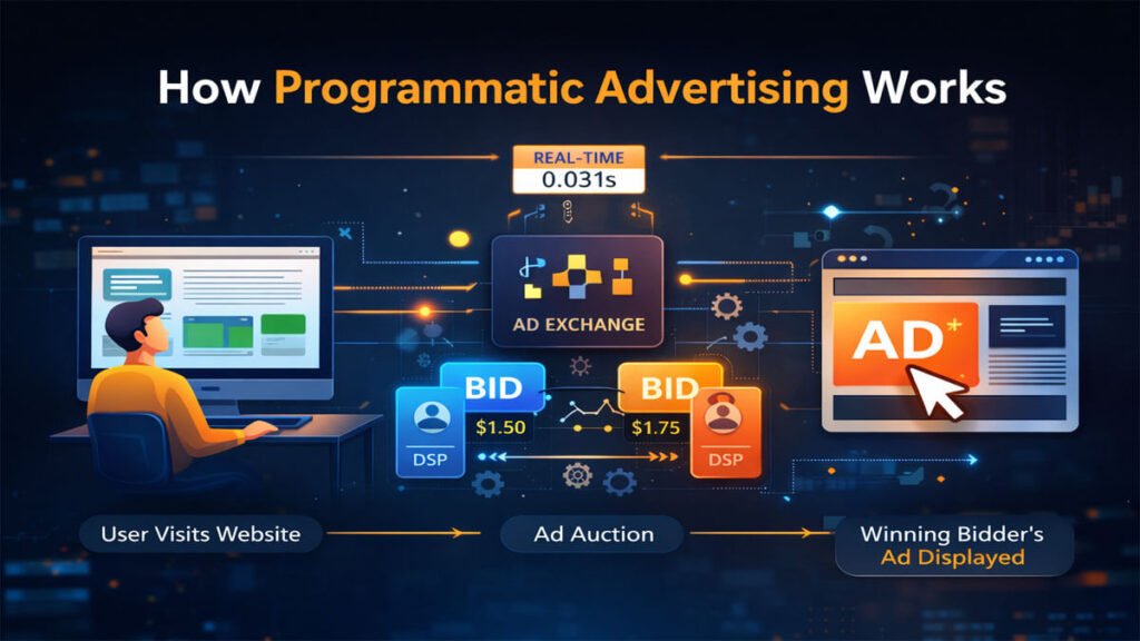 How programmatic advertising works diagram showing user visit, ad exchange auction, DSP bidding, and winning ad displayed