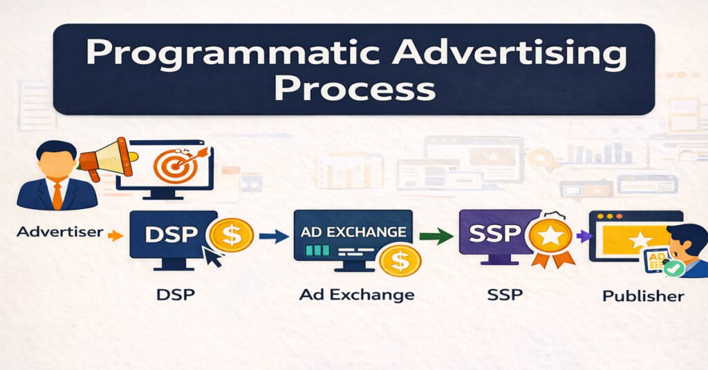 programmatic advertising process showing advertiser DSP ad exchange SSP and publisher flow