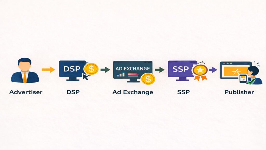 programmatic advertising process diagram showing advertiser to DSP to ad exchange to SSP to publisher to user flow