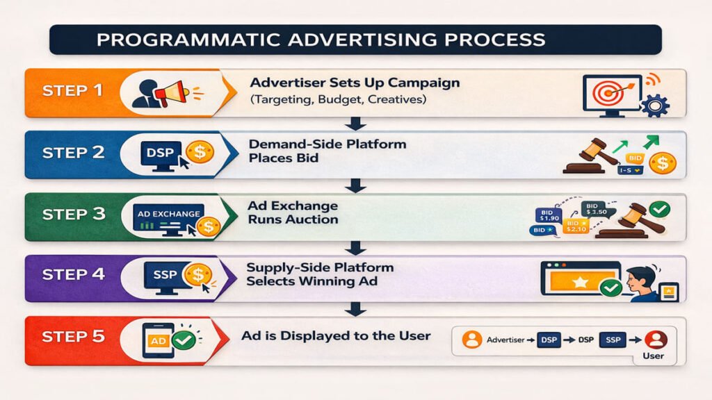 programmatic advertising process steps diagram showing advertiser, DSP, ad exchange, SSP and user flow
