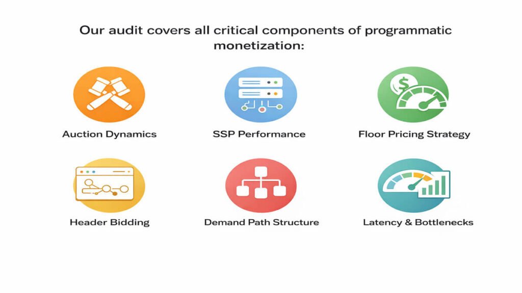 Programmatic audit services covering auction dynamics, SSP performance, floor pricing, header bidding, demand paths, latency, and viewability