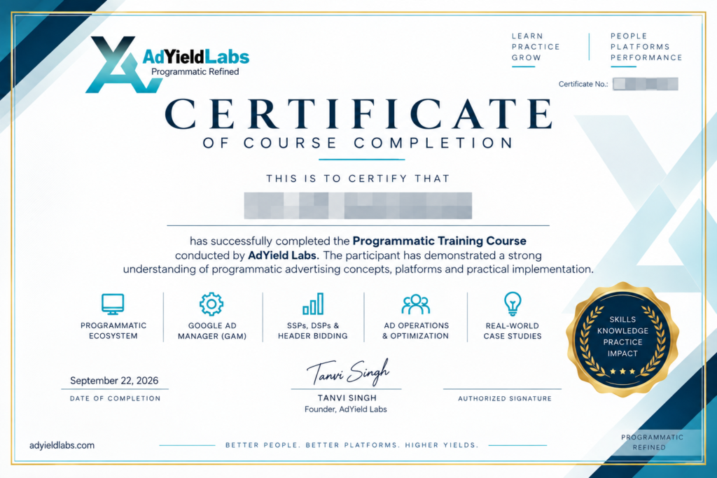Programmatic Training Certificate of Course Completion from AdYield Labs