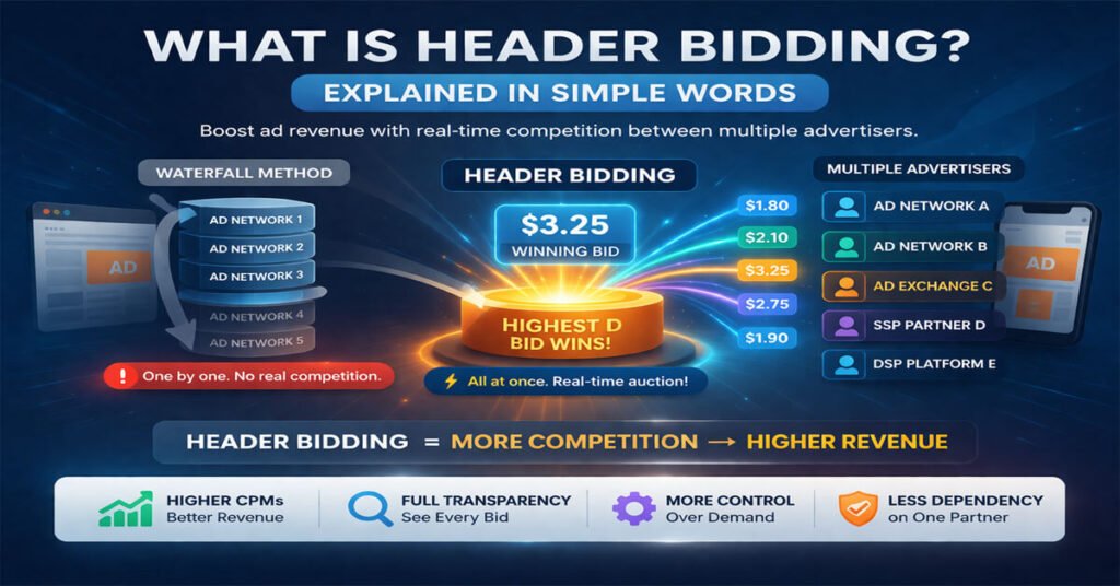 Infographic explaining what is header bidding and how real-time bidding works compared to the waterfall method in programmatic advertising